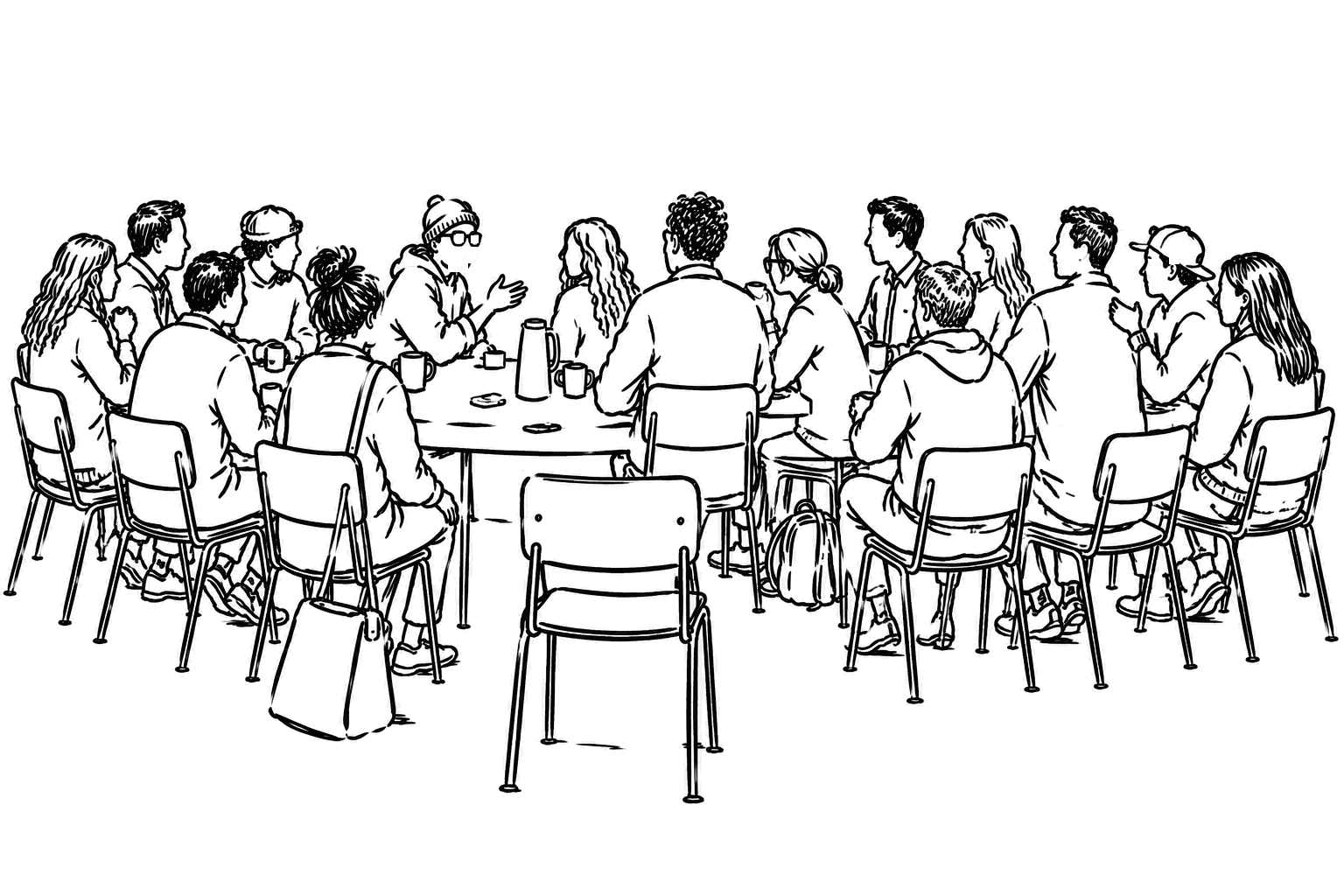 A crowded table of many people, figures overlapping, mid-conversation.